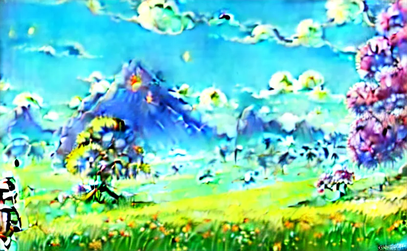 Image similar to fantastic anime sunny meadow with flowers, lone old Oak in the middle plane and mountains on the background, by Hayao Miyazaki, Nausicaa, Ghibli, Breath of the wild, Anime wallpaper