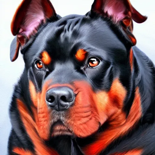 Image similar to red rottweiler, oil painting, artgerm, portrait, highly detailed, artstation