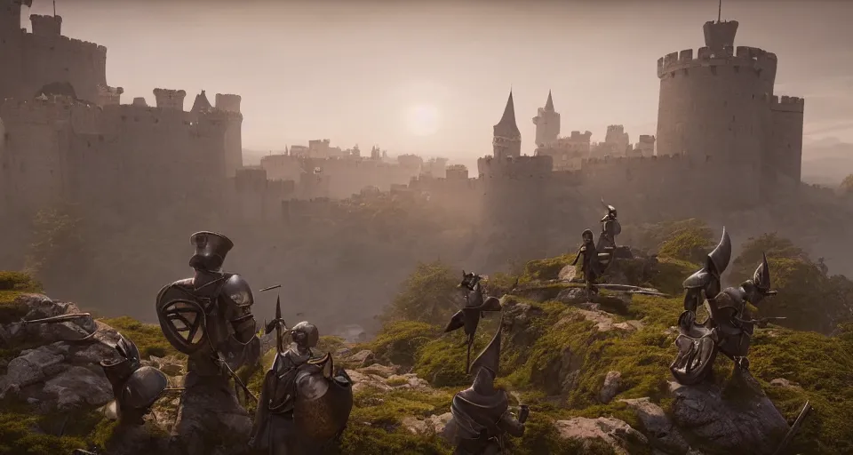 Image similar to three medieval soldiers atop a castle wall looking over a vast medieval kingdom rule by an evil king. it is a quiet morning. mist, epic, cinematic, volumetric lighting, fantasy style, highly - detailed, unreal 5, realism