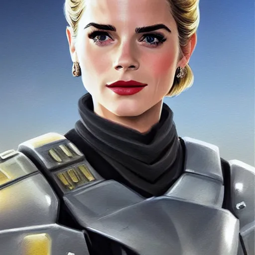 Image similar to A combination of Grace Kelly's and Emma Watson's and Ashley Greene's appearances with blonde hair wearing Master Chief's armor, full body portrait, western, D&D, fantasy, intricate, elegant, highly detailed, digital painting, artstation, concept art, matte, sharp focus, illustration, art by Artgerm and Greg Rutkowski and Alphonse Mucha