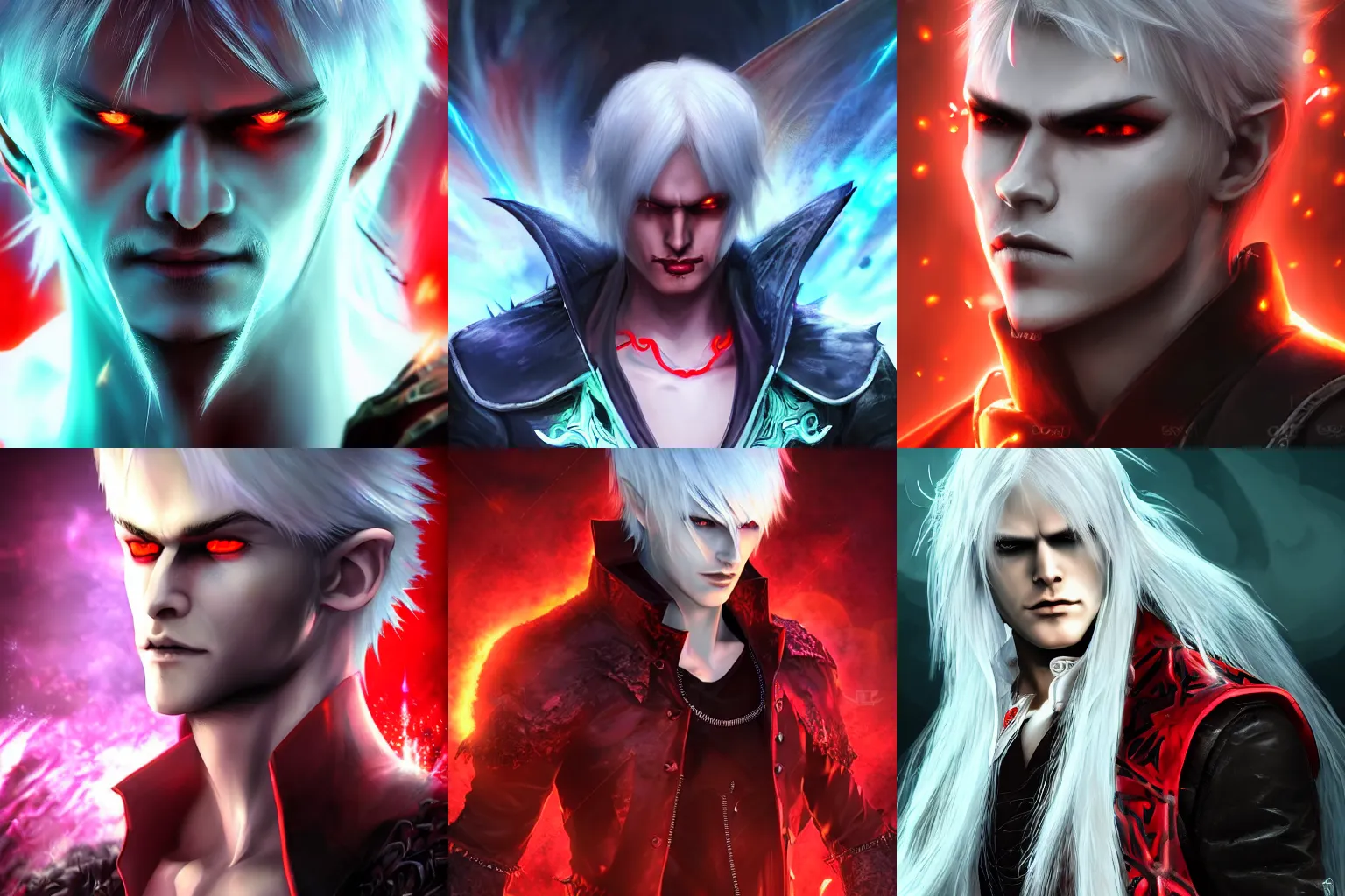 Prompt: a necromancer devil may cry character, symmetrical male face game portrait, long white hair, spiky elf ears, ultra HD, ambient light background with particles, rim light on character, toned colours, red clothes, light skin, real life league of legends style, Super detailed