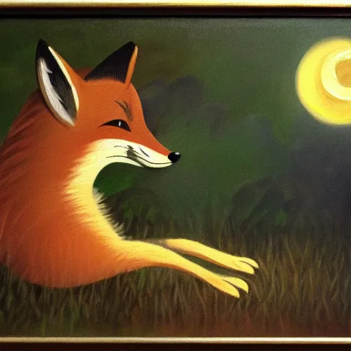 Prompt: A fox playing the piano in a meadow in the forest during the night under the moonlight, oil painting