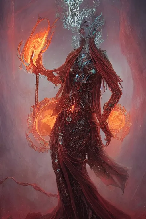 Prompt: Ethereal Beautiful Flame Goddess wearing Biomechanical Armor Imbued with Glowing Water Runes, digital art, fantasy, magic, professional illustration by Seb McKinnon, WLOP, and artgerm, illustration