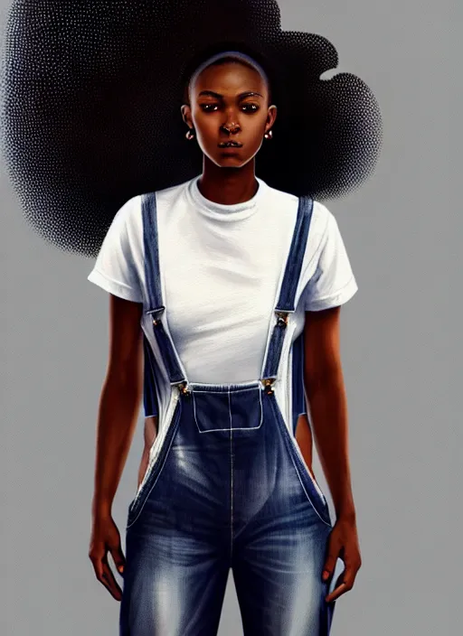Prompt: full body portrait of young black woman as a firewoman, white t - shirt and denim overalls, intricate, beautiful and elegant, highly detailed, digital painting, artstation, concept art, smooth, sharp focus, illustration, art by wlop, mars ravelo and greg rutkowski