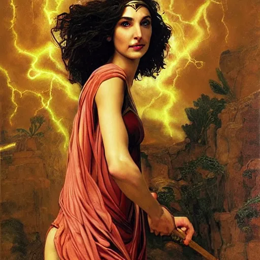 Prompt: Full body oil painting of the beautiful woman Gal Gadot, she is wearing some withe ancient roman cloths and a surreal ornate, her hair is natural disheveled, she is approaching heaven, people are claiming for her, she is attracting lightnings, naturalism, dramatic lighting, high-detailed oil painting by Ilya Repin, Michelangelo da Caravaggio, William Blake, Alex Grey and Beksinski, trending on Artsatio, hystorical painting, masterpiece, 4k, 8k,