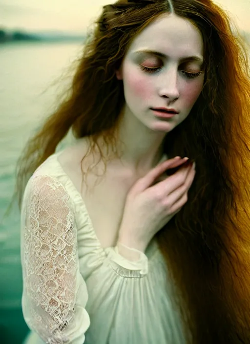 Prompt: Kodak Portra 400, 8K, soft light, volumetric lighting, highly detailed, britt marling style 3/4, Close-up portrait photography of a beautiful woman how pre-Raphaelites a woman with her eyes closed is surrounded by water, she has a beautiful lace dress and hair are intricate with highly detailed realistic beautiful flowers , Realistic, Refined, Highly Detailed, natural outdoor soft pastel lighting colors scheme, outdoor fine art photography, Hyper realistic, photo realistic