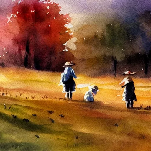 Prompt: concept art of a farmers in a field, young girls, artstation, watercolor, autumnal colours, late evening