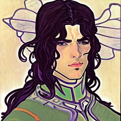 Prompt: painting of handsome beautiful paladin elf! man with long wavy dark hair in his 2 0 s named shadow taehyung at the cucumber soup party, wearing armor!, elegant, clear, painting, stylized, delicate, soft facial features, art, art by alphonse mucha, vincent van gogh, egon schiele,