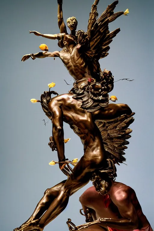 Image similar to Jean-Michel Basquiat as a full-body bronze baroque statue of Icarus in the posing like a bird for flight, crown of peach roses, flowing pink-colored silk, fabric, flowers. baroque elements, human skull. full-length view. baroque element. intricate artwork by caravaggio. many many birds birds on background. Trending on artstation, octane render, cinematic lighting from the right, hyper realism, octane render, 8k, depth of field, 3D