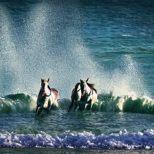 Image similar to close up of horses running through the waves on a beach with water splashing up, cinematographic shot, cartoon