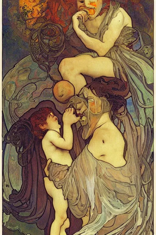 Image similar to saturn devouring his son, beautiful dark art, painting by alfons mucha
