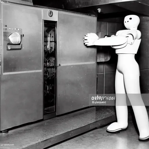 Image similar to Humanoid robot taking a loaf of bread out of the oven, 1959, black and white photo, world's fair