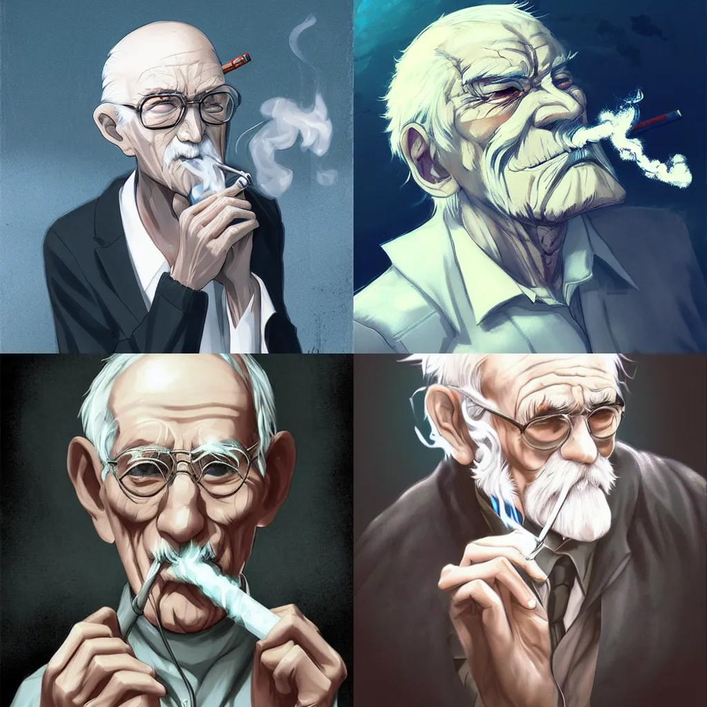 Prompt: anime old man smoking a cigarette, white smoke, art by Ross Tran