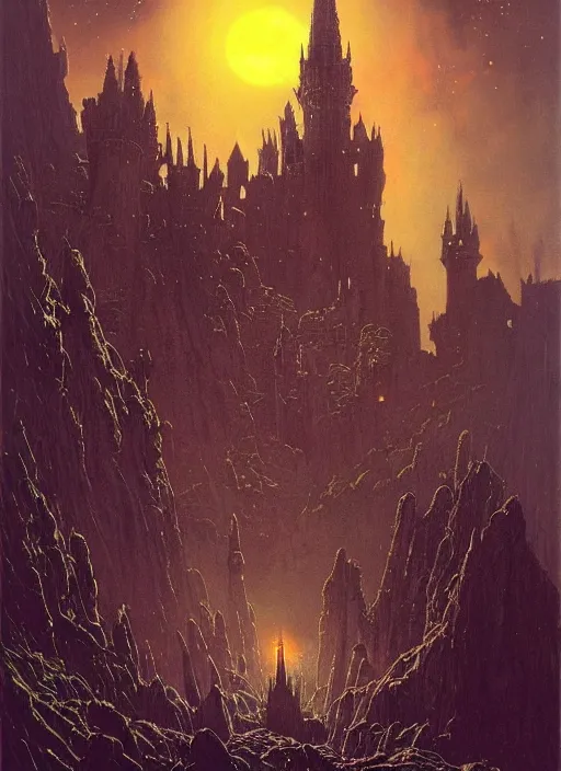 Image similar to giant gorgeous castle with a lot of small towers and spikes, deep night scene with a lot of fire and magical sky with two moons and a lot of stars. d & d, dark fantasy, gorgeous lighting, highly detailed, volumetric lights. by zdzisław beksinski and norman rockwell and greg rutkowski. weta studio, and lucasfilm