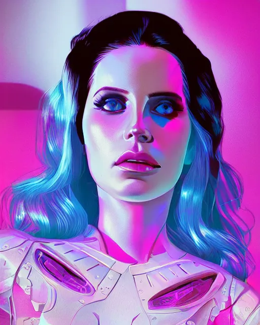 Prompt: portrait of lana del rey as a cyborg. realist abstract. key art. cyberpunk, blue and pink, intricate artwork. clear face, art by tooth wu, wlop, beeple, dan mumford. 8 k octane render, trending on artstation, greg rutkowski very coherent symmetrical artwork. cinematic, hyperrealism, very detailed, iridescent accents