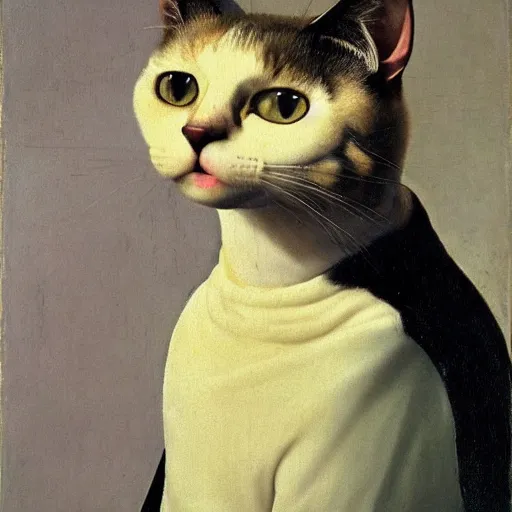 Image similar to portrait of a cat in a tuxedo by jan vermeer