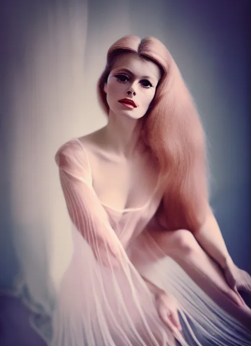 Image similar to portrait photography of a beautiful woman, in style of Cecil Beaton, brigitte bardot style 3/4 , natural color skin like porcellain pointed in rose, long hair with ornamental hairstyle, full body dressed with a ethereal transparent voile dress, elegrant, 8K post production, soft focus, melanchonic rose soft light, volumetric lighting, highly detailed Realistic, Refined, Highly Detailed, natural point rose', indoor soft lighting, soft delicate lighting colors scheme, soft blur lighting, fine art fashion photography