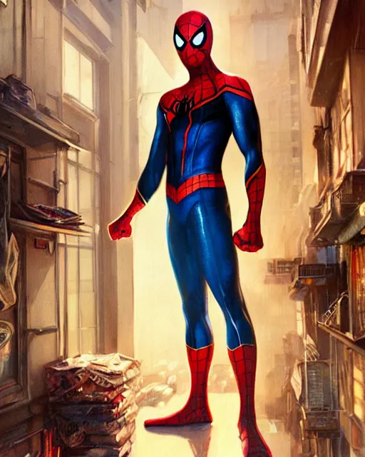 Prompt: spider - man standing in an apartment, cinematic, stunning, highly detailed, digital painting, artstation, smooth, hard focus, illustration, art by artgerm and greg rutkowski and alphonse mucha