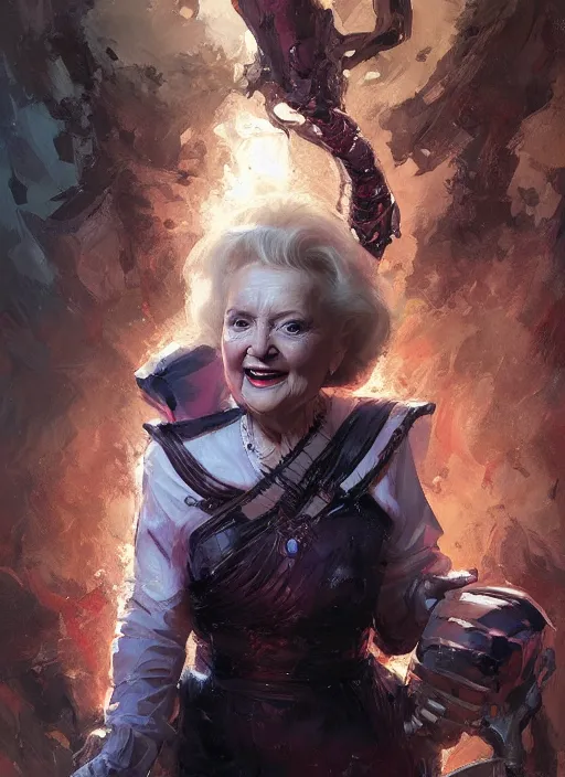 Image similar to Portrait of Betty White, marvel comics, dark, intricate, highly detailed, smooth, artstation, digital illustration by Ruan Jia and Mandy Jurgens and Artgerm and Wayne Barlowe and Greg Rutkowski and Frank Frazetta