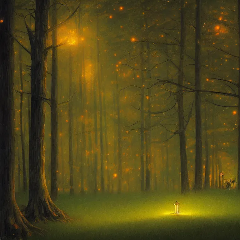 Image similar to a storybook illustration of a hidden forest grove, fireflies, quiet night foggy scene painted by Edward Hopper masterpiece, intricate, elegant, fantasy, highly detailed, digital painting, concept art, sharp focus, artstation