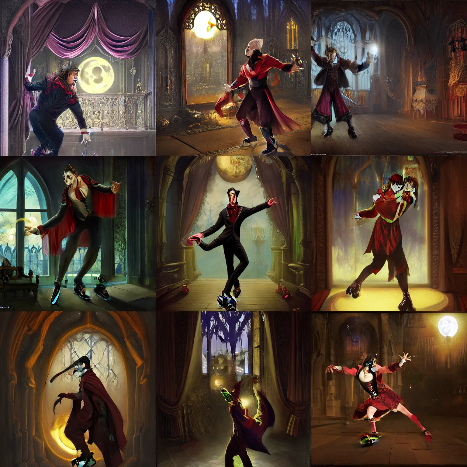 Prompt: attractive male dracula the vampire roller skating in a medieval style roller rink as a full moon shines through a window. highly detailed, sharp focus, digital painting, full body shot, intricate, hyper - realism, fantasy art style, volumetric lighting, by gaston bussiere, craig mullins, j. c. leyendecker 8 k