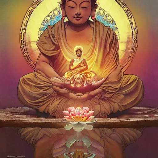 Image similar to one Buddha is giving a lotus flower to another young Buddha, illustration, happy, intricate, colorful, art by artgerm and greg rutkowski and alphonse mucha and simon stalenhag