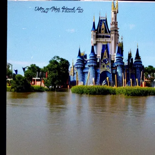 Prompt: a postcard of disneyworld in 2100 that shows the magic kingdom castle flooded with weeds growing and air boat tour through flooded structures
