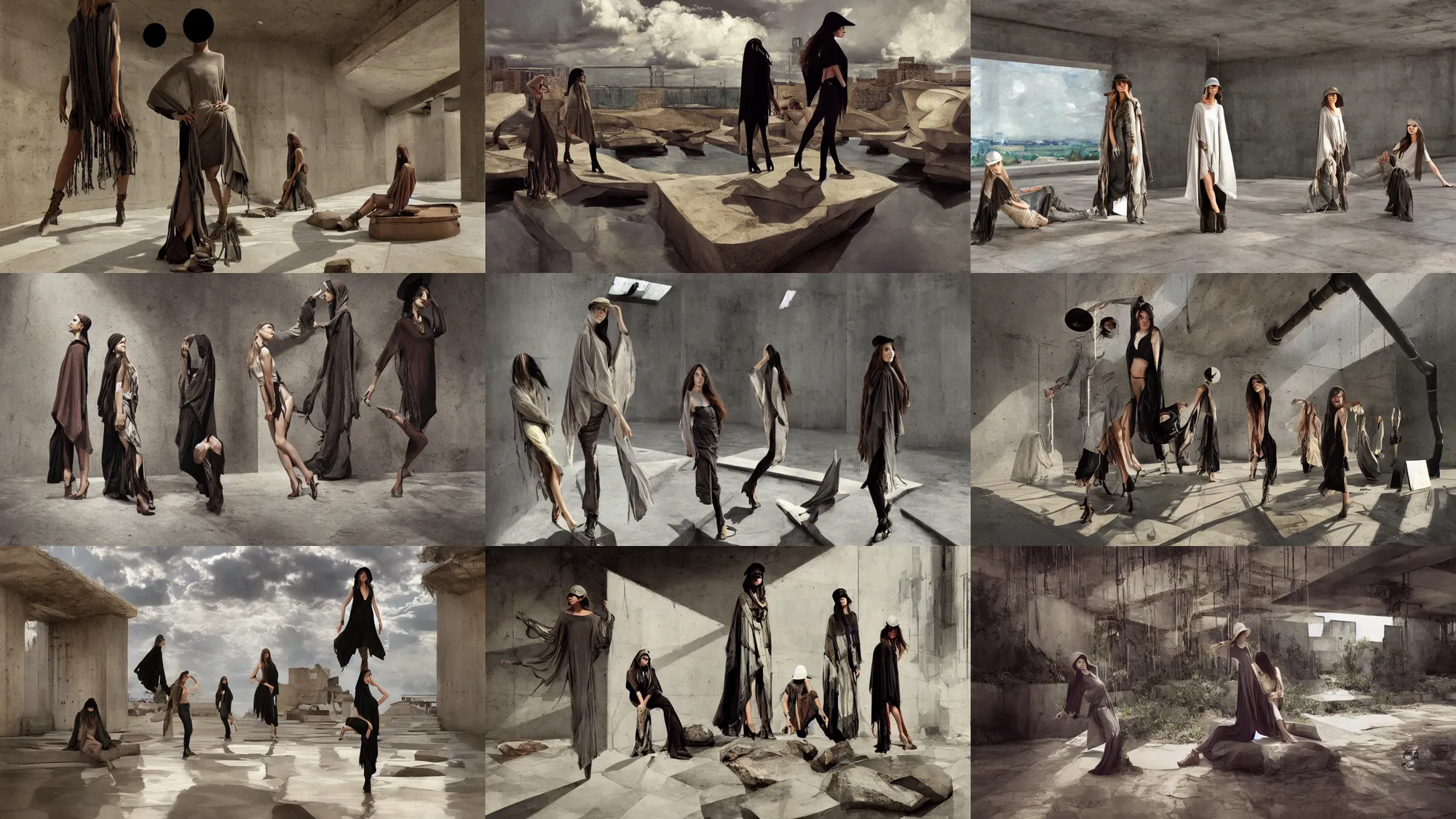 Prompt: concrete hitech interior, levitation, dramatic light, industrial rusty pipes, simple form, brutal shapes, portrait of group of fashionable young womans wearing rich jewerly hat and boho poncho, lying pose on stones, 1970s fashion, Low poly, thunder clouds in the sky, artwork by Joaquin Sorolla and john william waterhouse and Denis Sarazhin and klimt and rhads and van gogh and Dean Ellis and Detmold Charles Maurice