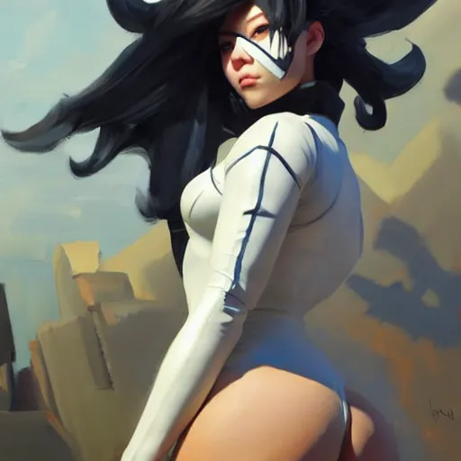 Prompt: greg manchess portrait painting of yorha type a no. 2 as tracy from overwatch from behind, organic painting, sunny day, matte painting, bold shapes, hard edges, street art, trending on artstation, by huang guangjian and gil elvgren and sachin teng