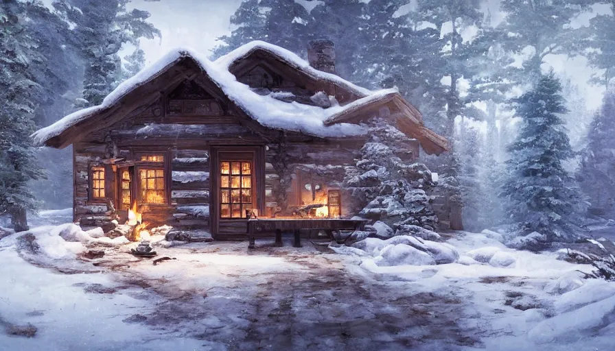 Image similar to A highly detailed matte painting of interior of old cabin, in snowy forest, fireplace, bookshelves, old couch, by Studio Ghibli, Makoto Shinkai, by Artgerm, by WLOP, by Greg Rutkowski, volumetric lighting, octane render, 4K resolution, trending on artstation, masterpiece