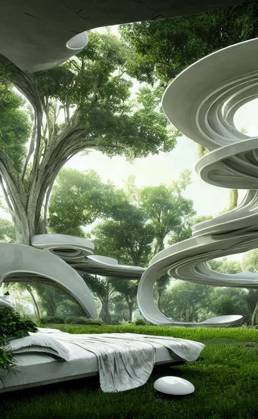 Prompt: highly detailed villa garden natural beautiful light interior soft cinematic composition of a biophilic granite concrete wood nebula fluid white magnolias surreal scifi futuristic architecture cyberpunk landscape, furniture, trees, grass, bed of flowers, water, vincent callebaut composition, 8 k, unreal engine, hdr
