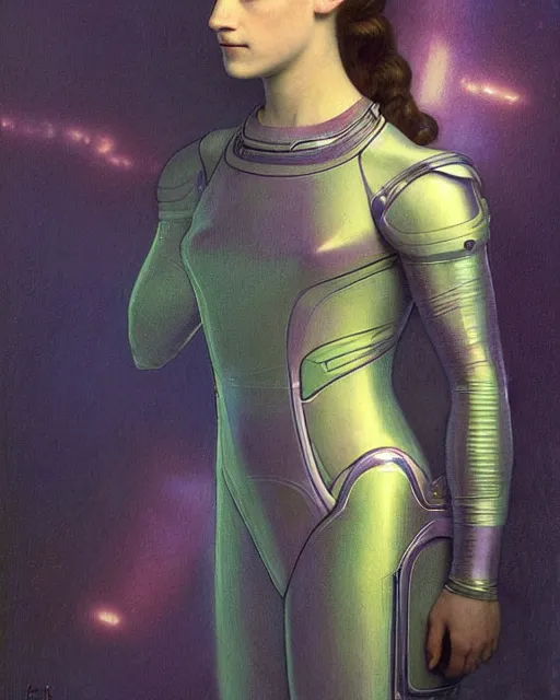 Prompt: a portrait painting of a shy, blushing 1 6 - year old alicia vikander or saoirse ronan as a space princess, backlit, wearing a futuristic translucent iridescent plastic space suit, elegant, highly detailed, artstation, concept art, by krenz cushart and donato giancola and william adolph bouguereau and alphonse mucha