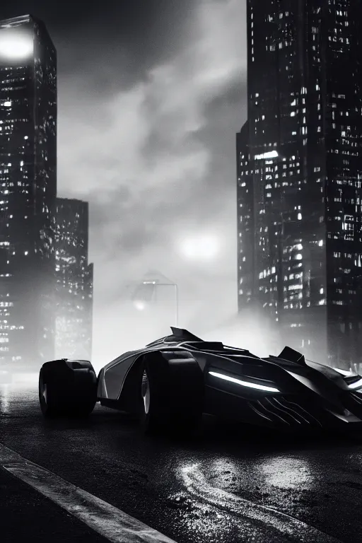 Image similar to the batmobile driving through gotham city at night. fluorescent light. pov from behind the wheel. octane render. 8 k. monochrome. black and white. mist. atmospheric. cinematic. hdr, raytracing, global illumination. a matte painting by ash thorp.