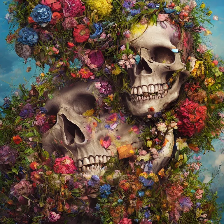 Image similar to A beautiful oil painting hyperrealism of a decayed head, rotting clay skin, skull bones, flowers, floral headdress, 8k resolution, octane render, Trending on artstation, by Gediminas Pranckevicius, volumetric light 2blue fractal Thunder glow by dan mumford, anaglyph effect, Laurie Lipton