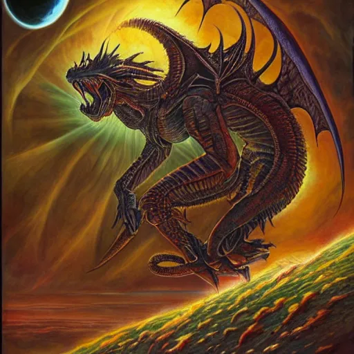 Prompt: an alien dragon demigod descending from the cosmos to consume the earth, by dan seagrave art