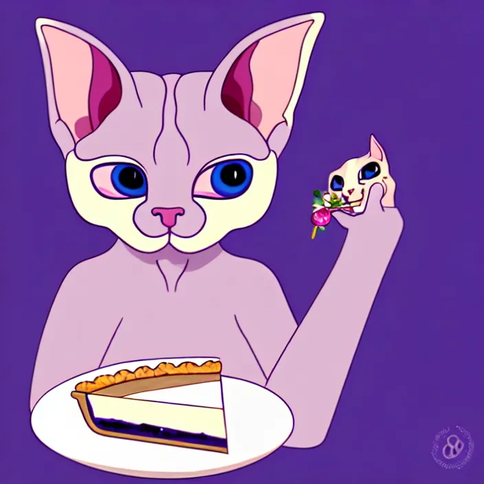 Image similar to an anthropomorphic sphynx cat fursona with big eyes eating a slice of blueberry pie, furry art, cute, oil on canvas, soft lighting