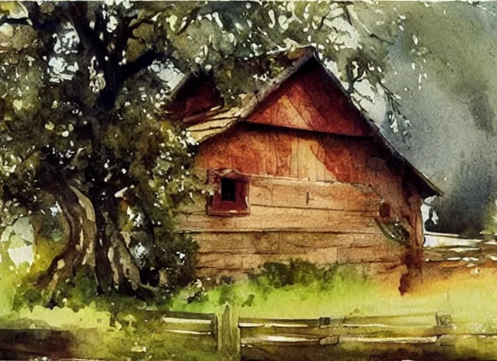 Prompt: watercolor splash, paint drops, drips, aquarelle painting of oak tree and scandinavian red wooden cabin, swedish wood house, medieval barn, art by anders zorn