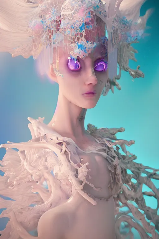 Prompt: an epic non - binary model, subject made of white melting porcelain, mesh headdress, flowing dress, with cerulean and pastel pink bubbles bursting out, delicate, beautiful, intricate, melting into vulpix, houdini sidefx, by jeremy mann and ilya kuvshinov, jamie hewlett and ayami kojima, trending on artstation, bold 3 d