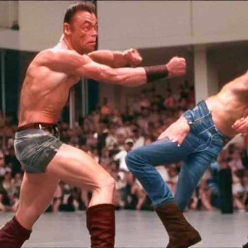 Prompt: jean - claude van damme kicking steven seagall in the face, still from an action movie, 4 k