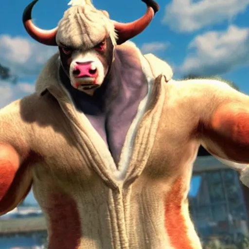 Image similar to a man that looks like a cow, as a character in tekken