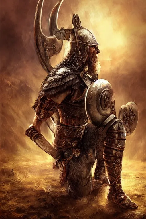 Image similar to full body aesthetic digital illustration of a viking warrior kneeling before a broken throne, by anne stokes | dirty and bloody, battlefield, concept art, unreal engine, finalrender, centered, deviantart, artgerm