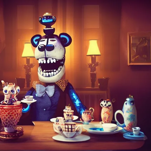 Prompt: a five nights at freddy's animatronic having an intense tea party with the queen of england, octane render / source, oil painting, trending on artstation, rossdraws
