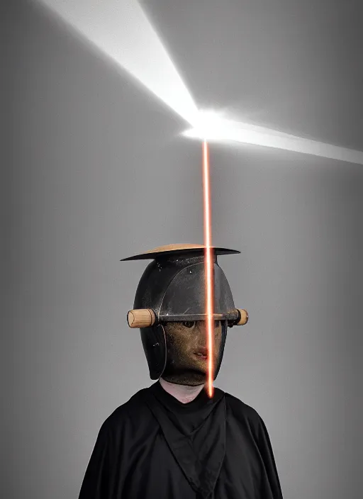 Prompt: realistic photo of a a scientist ritual monk medieval cone hat helmet made of wood, with plastic details detailed, covered in tesla electricity lasers aura, greyscale 1 9 9 0, life magazine photo, natural colors,