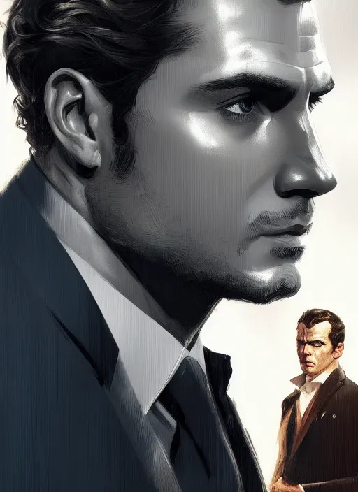 Image similar to portrait of henry cavill as james bond, casino, key art, highly detailed, digital painting, artstation, concept art, cinematic lighting, sharp focus, illustration, art by artgerm and greg rutkowski and alphonse mucha