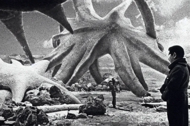 Image similar to a filmstill of Kim Jong-il looking at a giant starfish Kaiju monster destroying Pyongyang, in Stalker (1979) by Andreï Tarkovski, traditional Korean city, palace, epic ultrawide shot, cinémascope