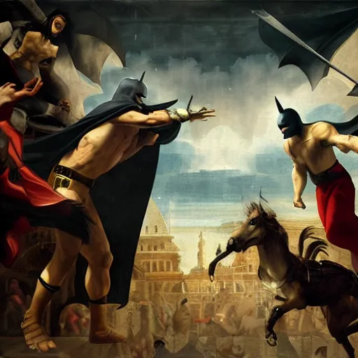Image similar to jesus fighting batman renaissance art by greg rutkowski and james gurney action cinematic wallpaper hyperrealistic atmospheric