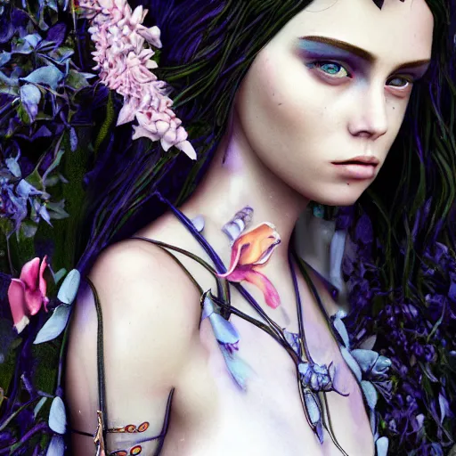 Image similar to the goddess of Spring, she resembles a mix of Grimes, Lana Del Rey, and Zoë Kravitz, in a style blend of Botticelli and Æon Flux, hyperphotorealistic, 4K, stunningly detailed, Arnold render,