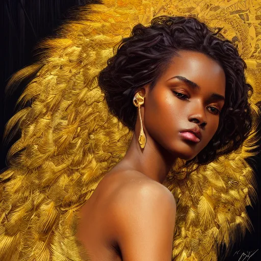 Image similar to a portrait of an attractive young Black female, beautiful long hear, clothed in golden feathers, intricate, elegant, highly detailed, digital painting, trending on artstation, concept art, smooth, sharp focus, illustration, art by artgerm and greg rutkowski and alphonse mucha