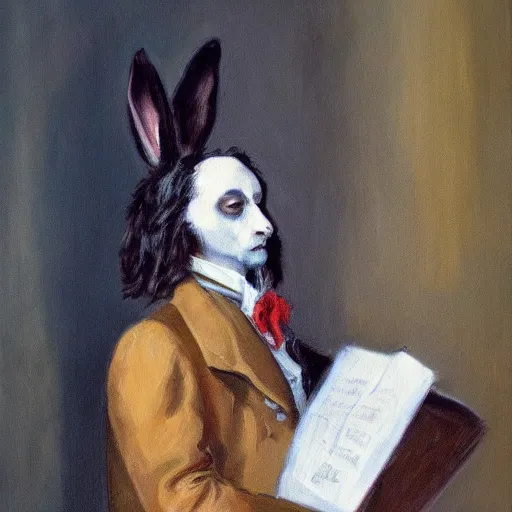 Image similar to a rabbit dressed as chopin, oil painting realistic,