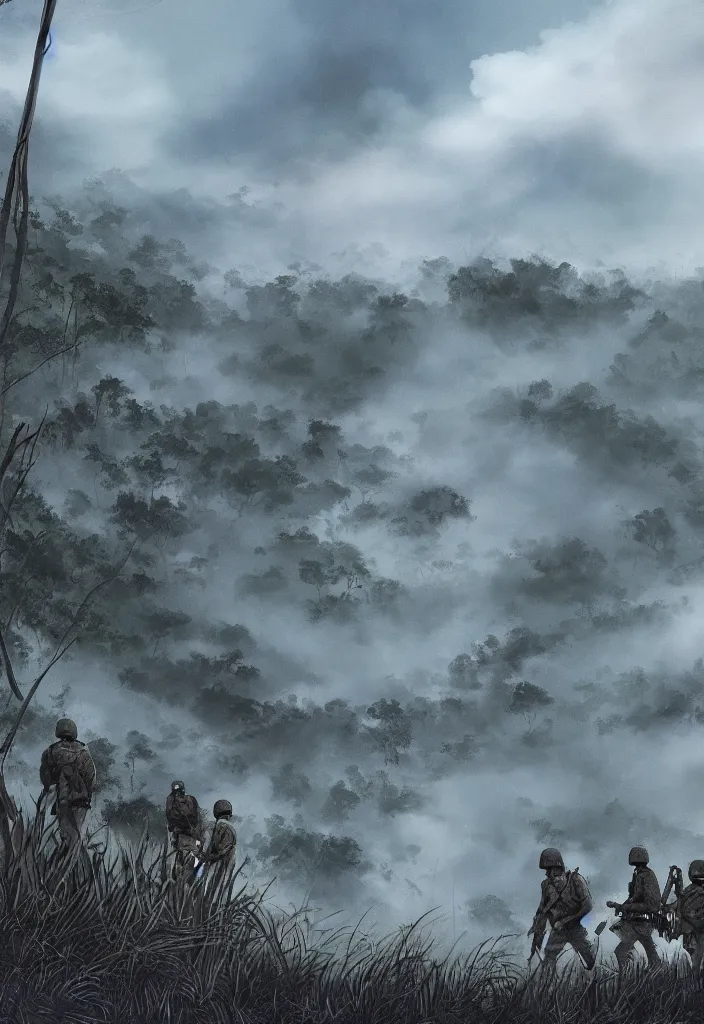 Prompt: handmade illustration of an epic and dramatic Vietnam war scene with a few american soldiers walking, the jungle at the background, some mist grey smoke and fire, blue sky with dramatic clouds, line art, ink, ol on canvas by Kilian Eng and by Jake Parker, heavy brushstrokes, winning-award masterpiece, fantastic, octane render, 8K HD Resolution, High quality image